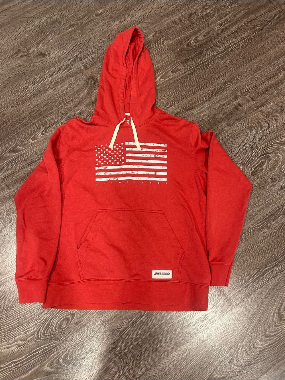 Life Is Good Red Hoodie with White Flag Graphic